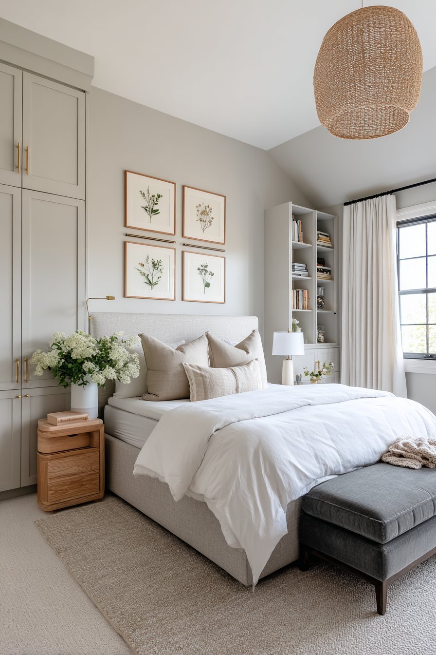 Small bedroom with grey linen bed, floating oak nightstands, white built-in storage and herringbone oak floor