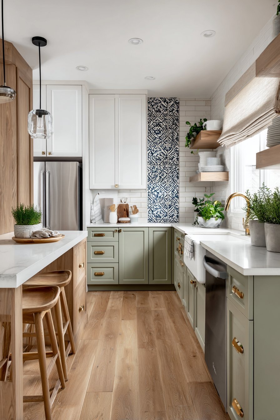 Small L-shaped kitchen with sage green lower cabinets, white uppers, brass pulls and quartz peninsula