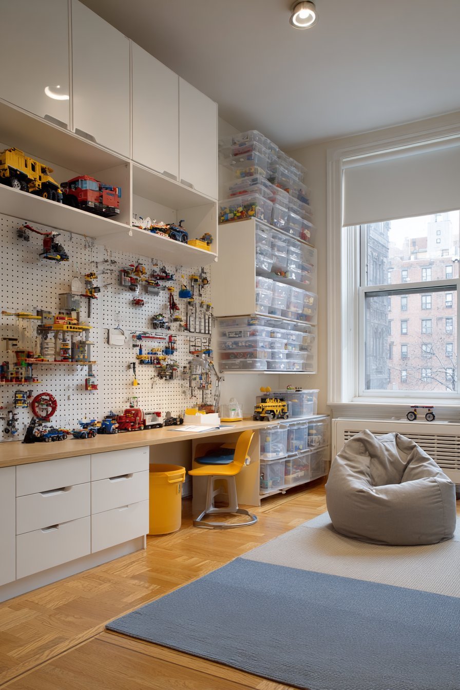 Lego storage room with white wall unit, grey baseplate desk, clear drawers, pegboard and apothecary cabinet