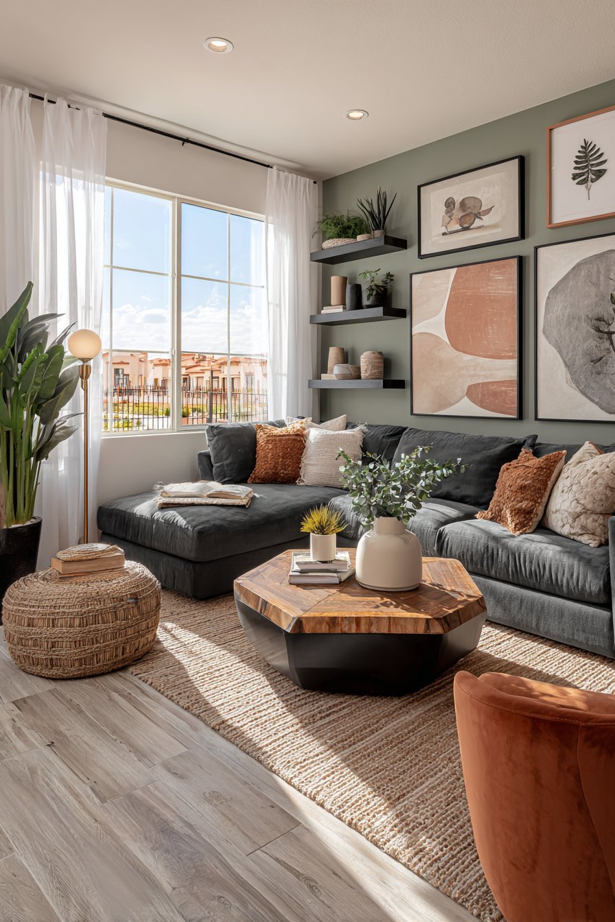 Living room with charcoal sectional, gallery wall, walnut coffee table, terracotta chair and brass sconces