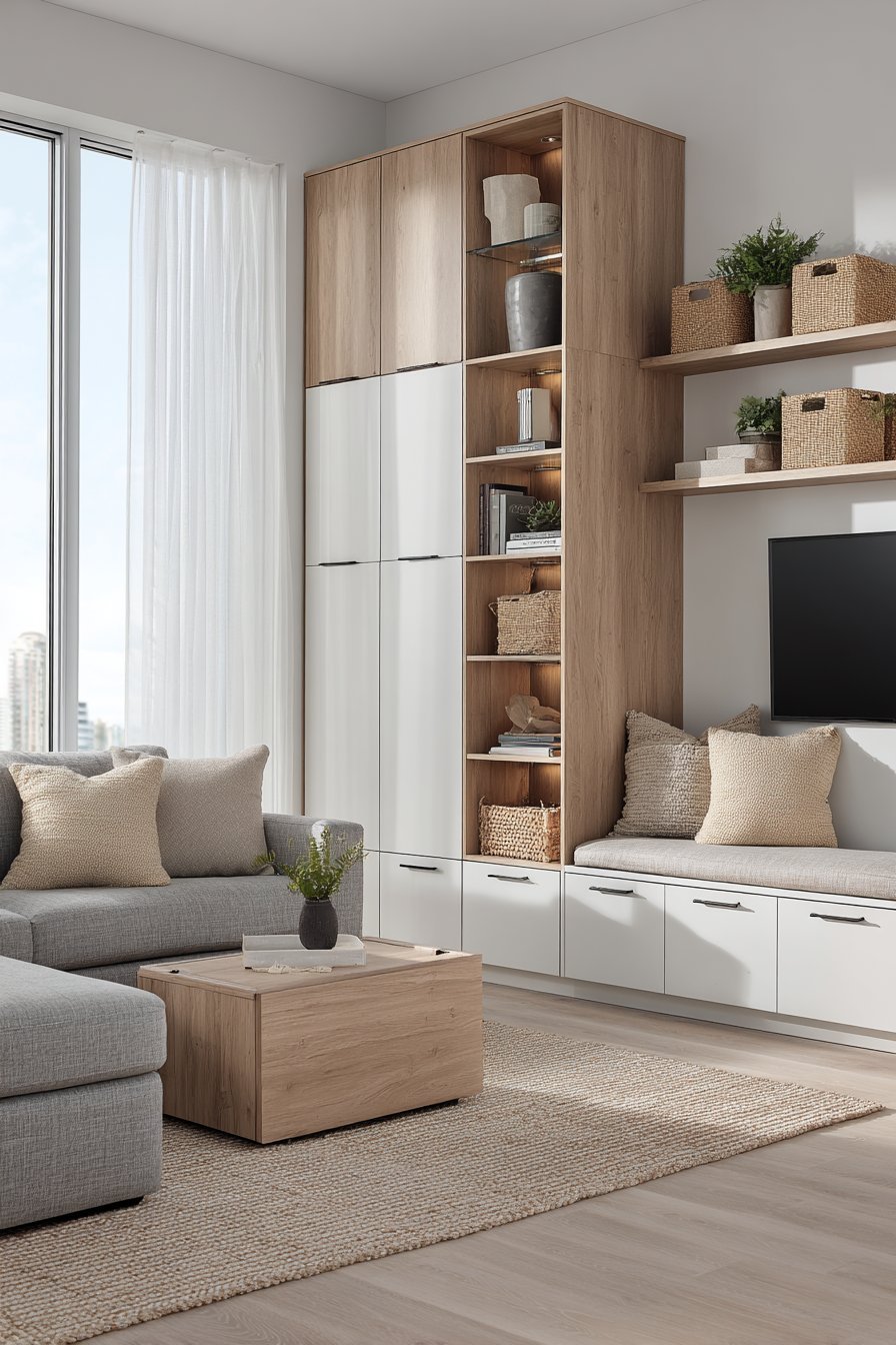 Living room with white oak storage wall, grey sectional, lift-top coffee table, window seat and woven baskets