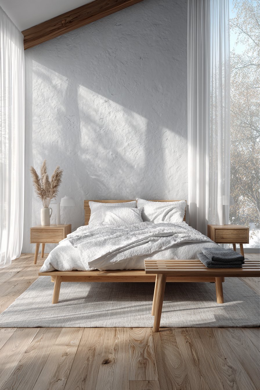 Minimal bedroom with oak platform bed, textured white plaster wall, floating nightstands and walnut bench with wool throw