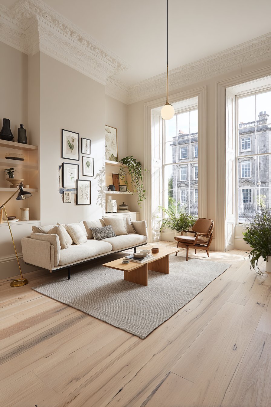 Scandinavian living room with oatmeal linen sofa, black wood stove, birch bookshelves and large sheer-curtained windows