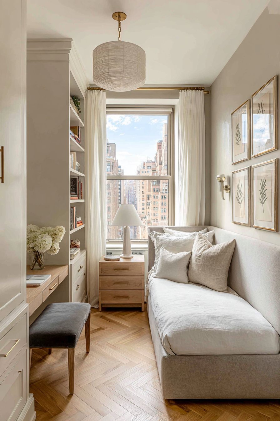 Small bedroom with grey linen bed, floating oak nightstands, white built-in storage and herringbone oak floor
