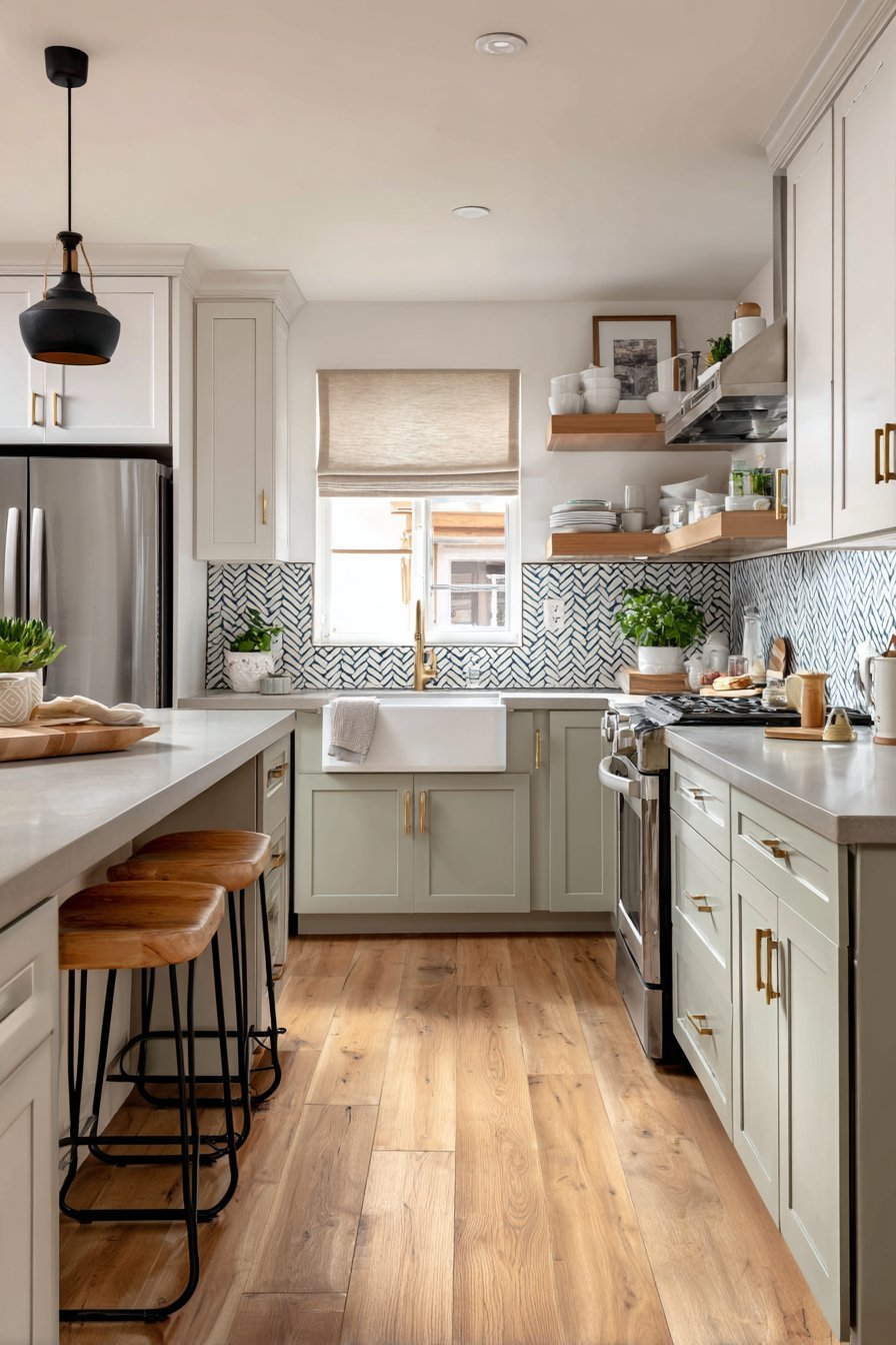 Small L-shaped kitchen with sage green lower cabinets, white uppers, brass pulls and quartz peninsula