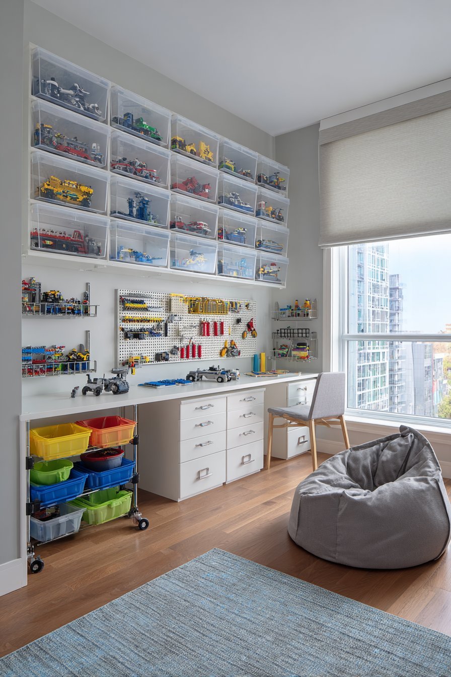 Lego storage room with white wall unit, grey baseplate desk, clear drawers, pegboard and apothecary cabinet