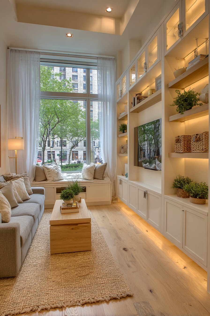 Living room with white oak storage wall, grey sectional, lift-top coffee table, window seat and woven baskets