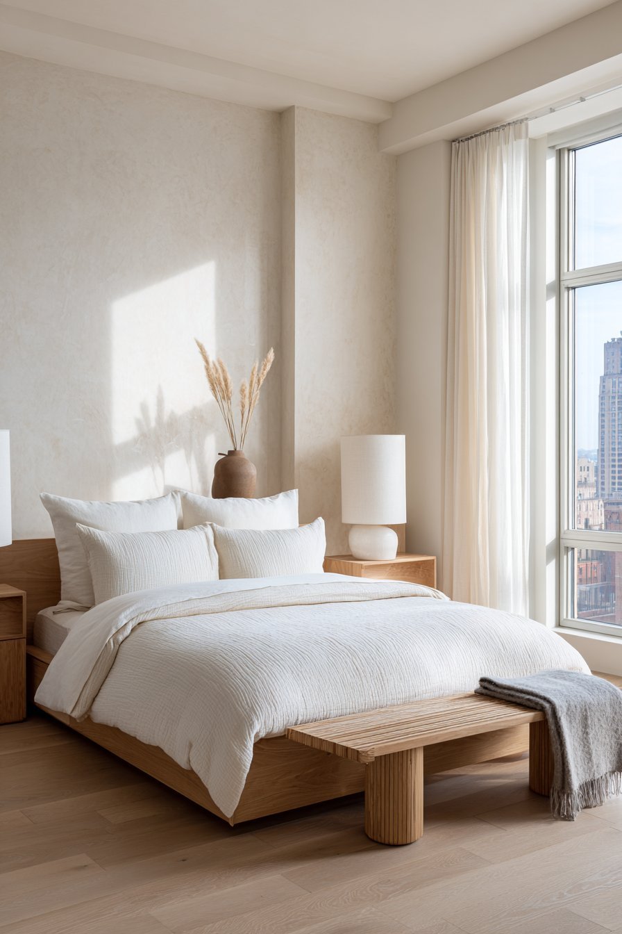 Minimal bedroom with oak platform bed, textured white plaster wall, floating nightstands and walnut bench with wool throw