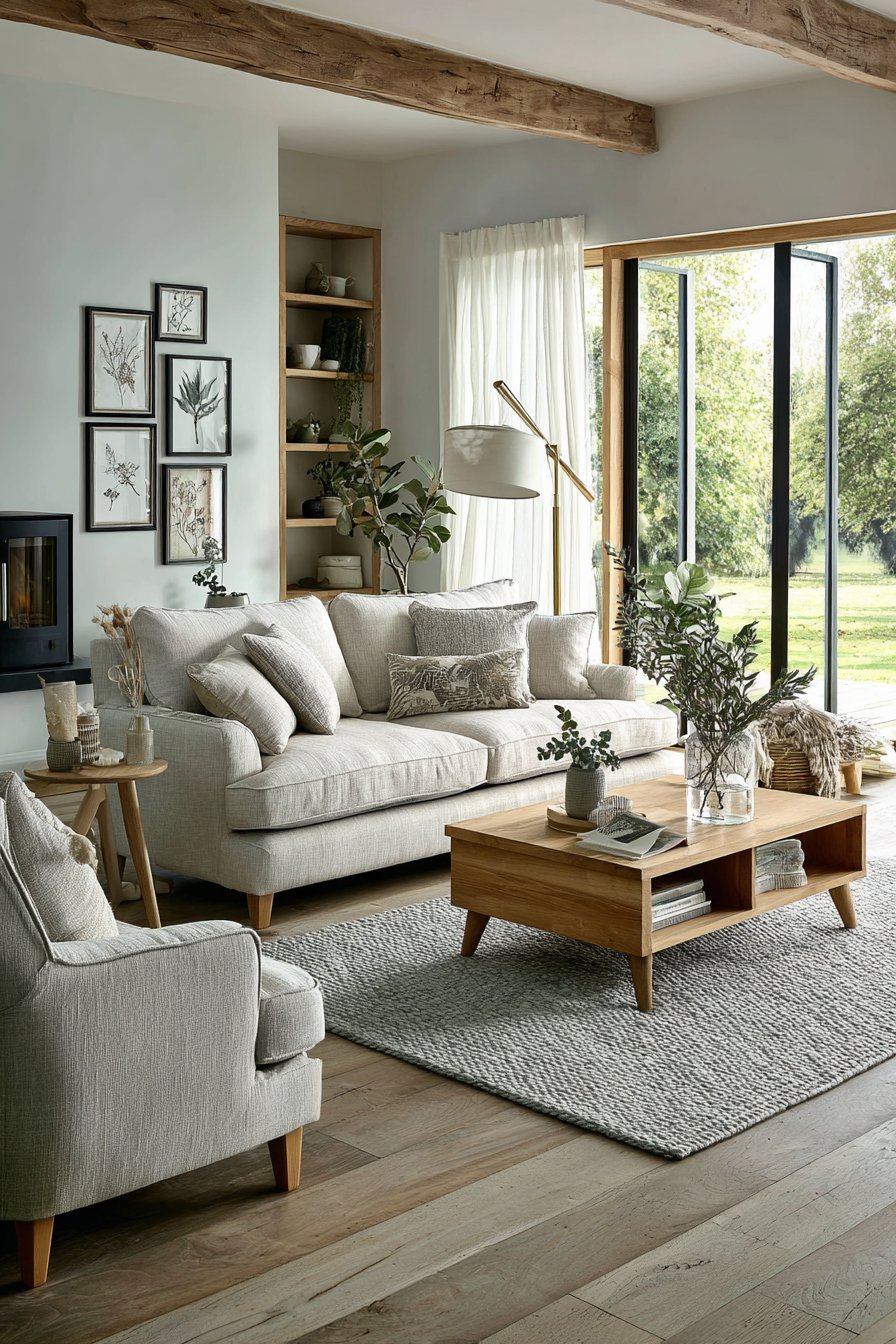 Scandinavian living room with oatmeal linen sofa, black wood stove, birch bookshelves and large sheer-curtained windows