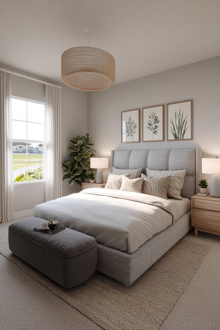 Small bedroom with grey linen bed, floating oak nightstands, white built-in storage and herringbone oak floor