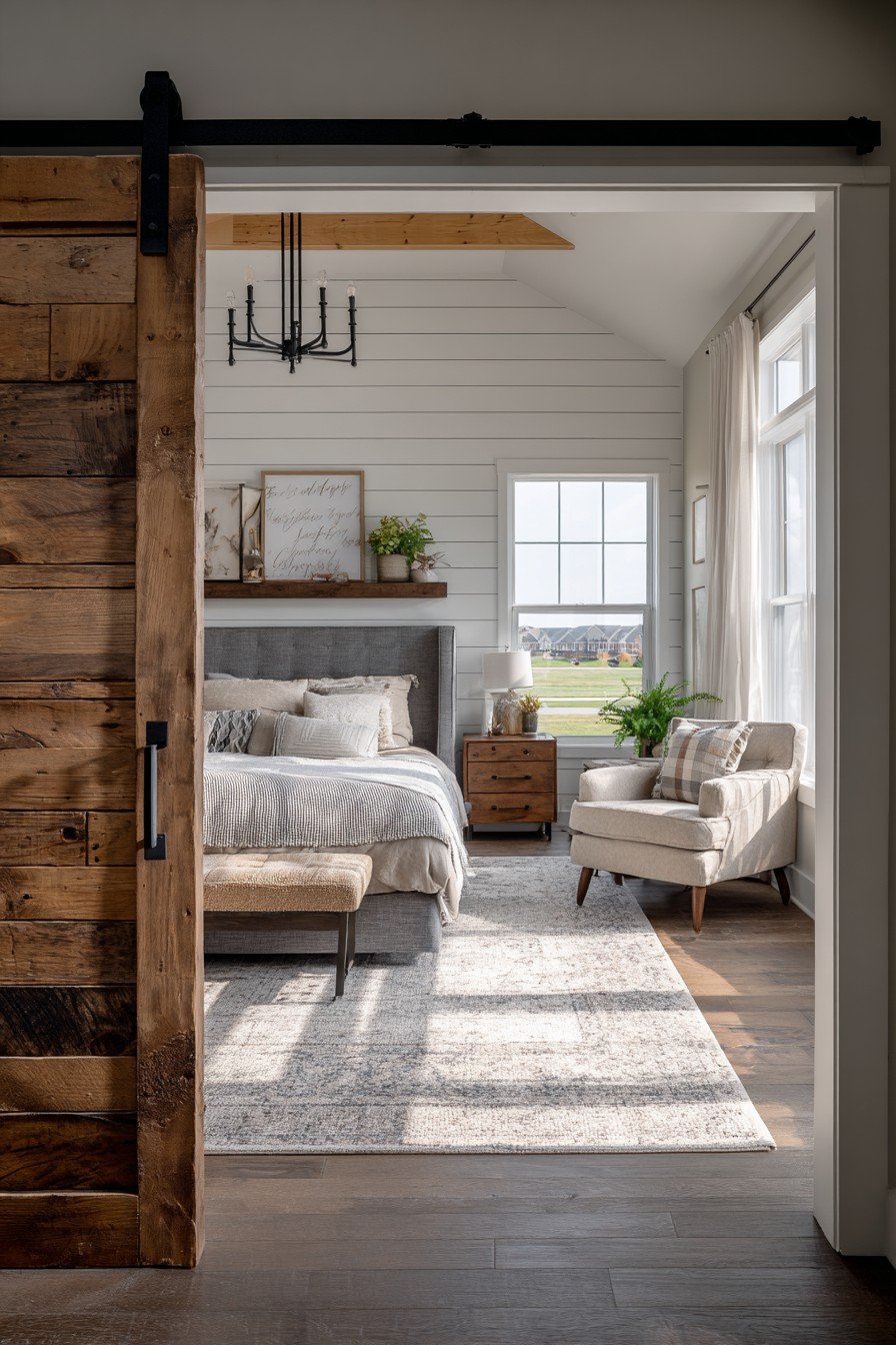 Master bedroom with partly open walnut sliding barn door, grey linen platform bed, oak nightstands and shiplap wall