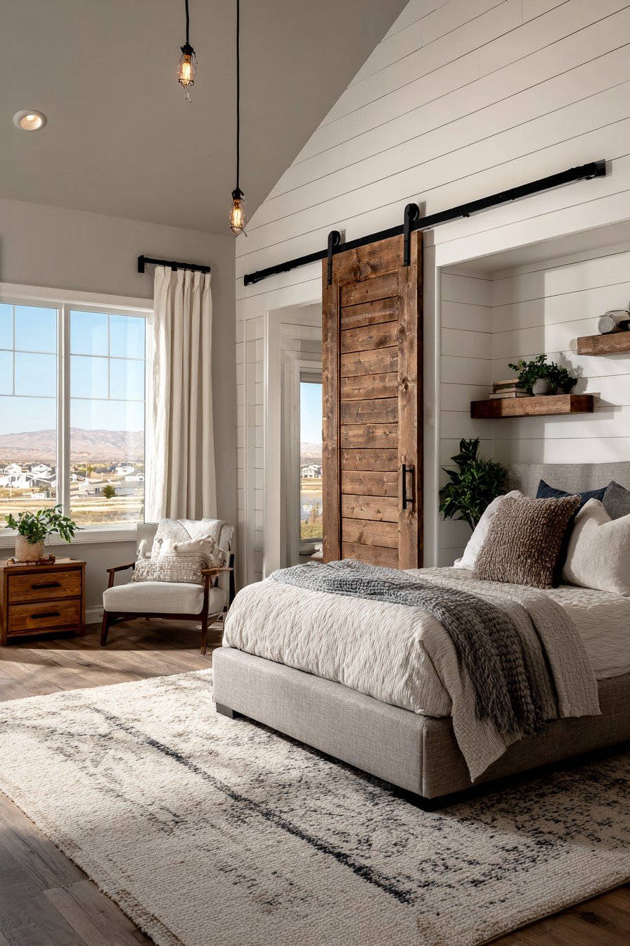 Master bedroom with partly open walnut sliding barn door, grey linen platform bed, oak nightstands and shiplap wall