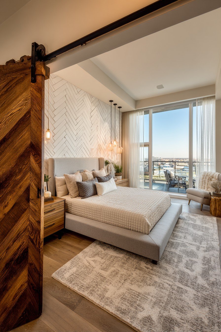 Master bedroom with partly open walnut sliding barn door, grey linen platform bed, oak nightstands and shiplap wall