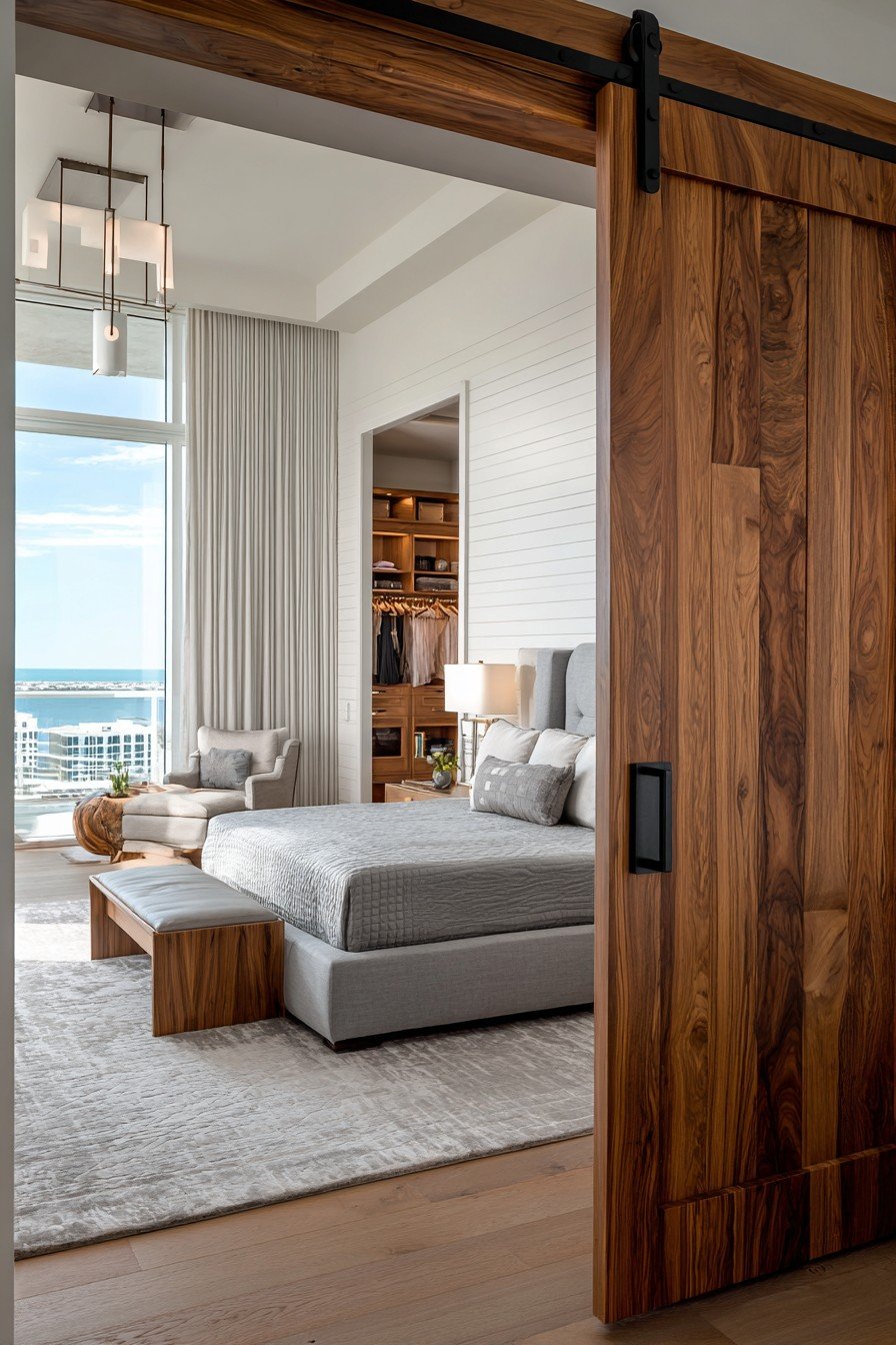 Master bedroom with partly open walnut sliding barn door, grey linen platform bed, oak nightstands and shiplap wall
