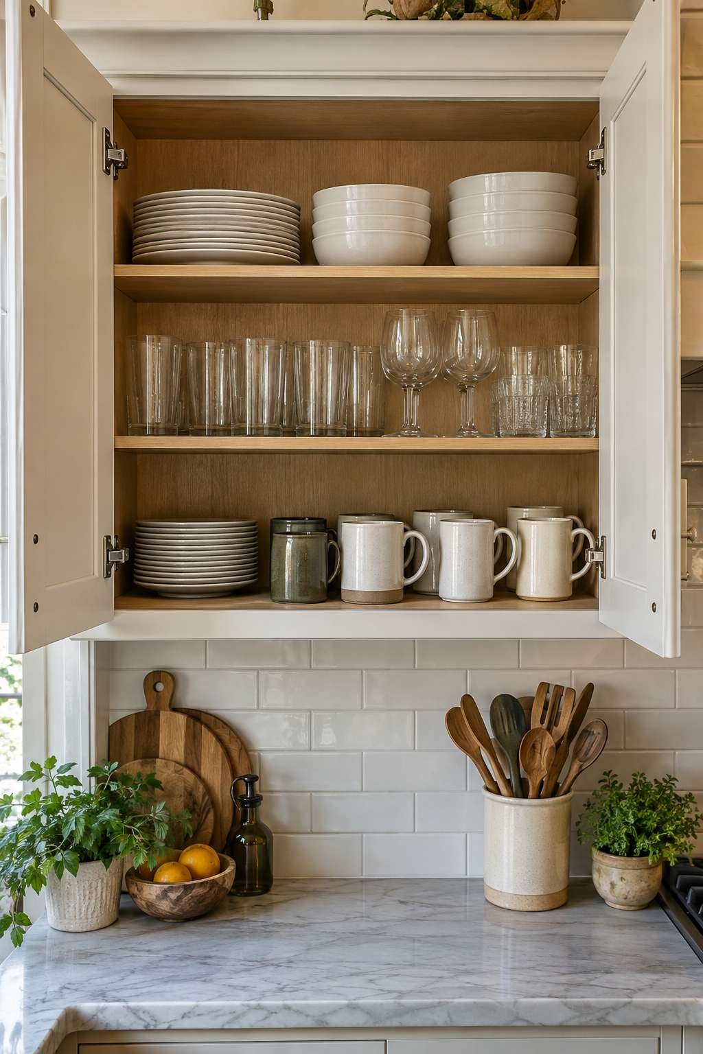 Organized modern kitchen cupboards with neatly arranged dishware and labeled containers