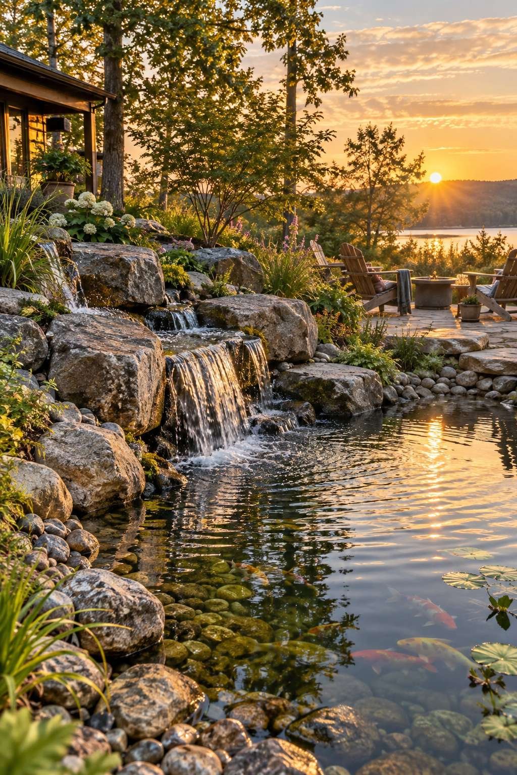 Backyard pond with waterfall, koi, and stone edging in golden afternoon light
