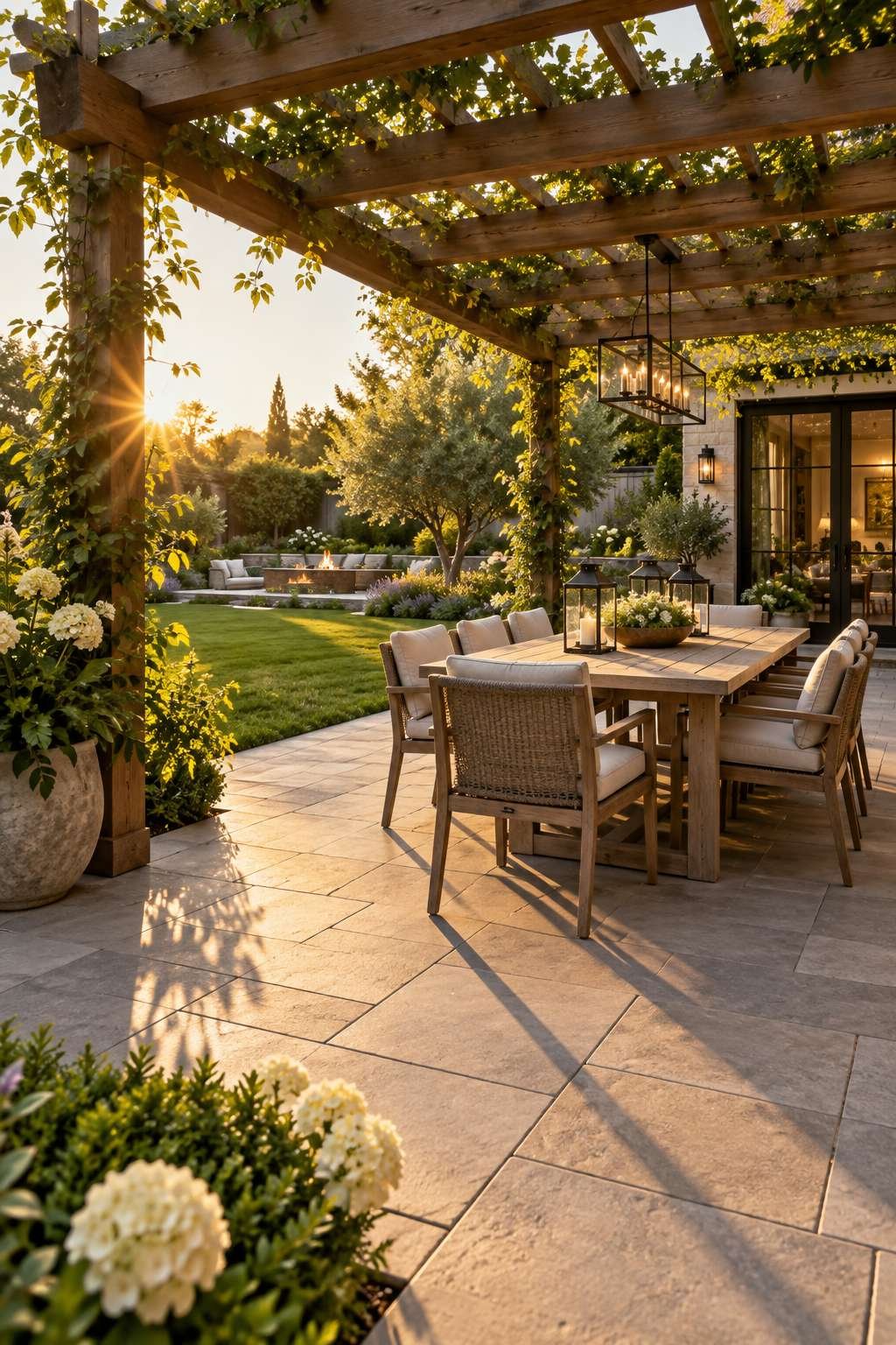 Newly built backyard patio with pavers, pergola shade, and dining set at golden hour