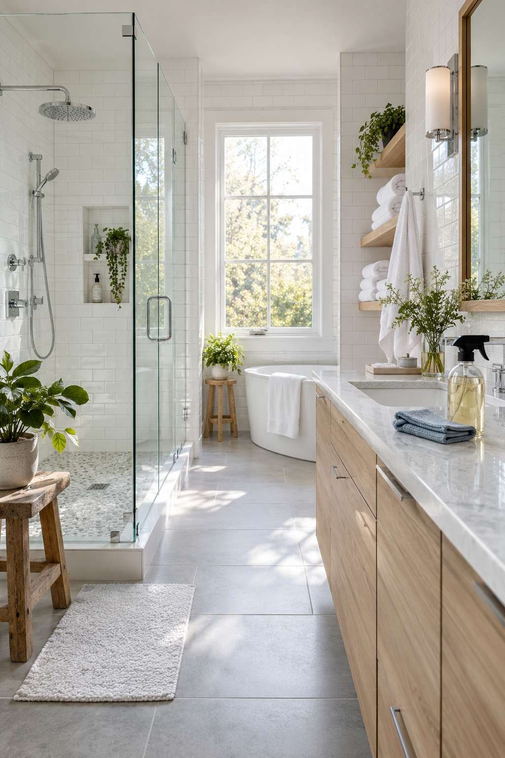 Sparkling clean modern bathroom showing how to deep clean bathroom surfaces