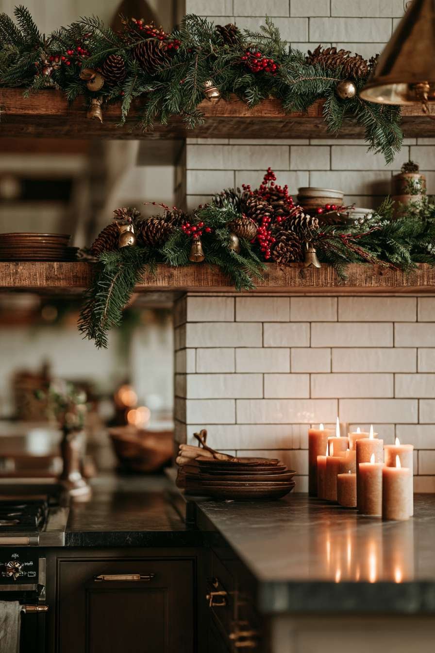 Farmhouse Christmas kitchen with pine garland on open shelving, pinecones, brass bells and pillar candles