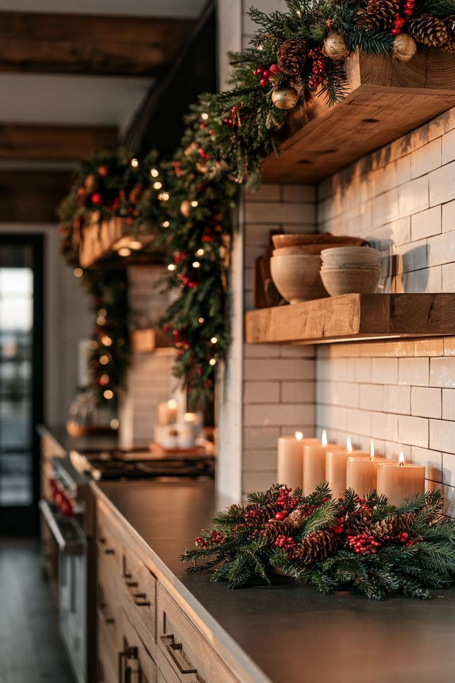 Farmhouse Christmas kitchen with pine garland on open shelving, pinecones, brass bells and pillar candles
