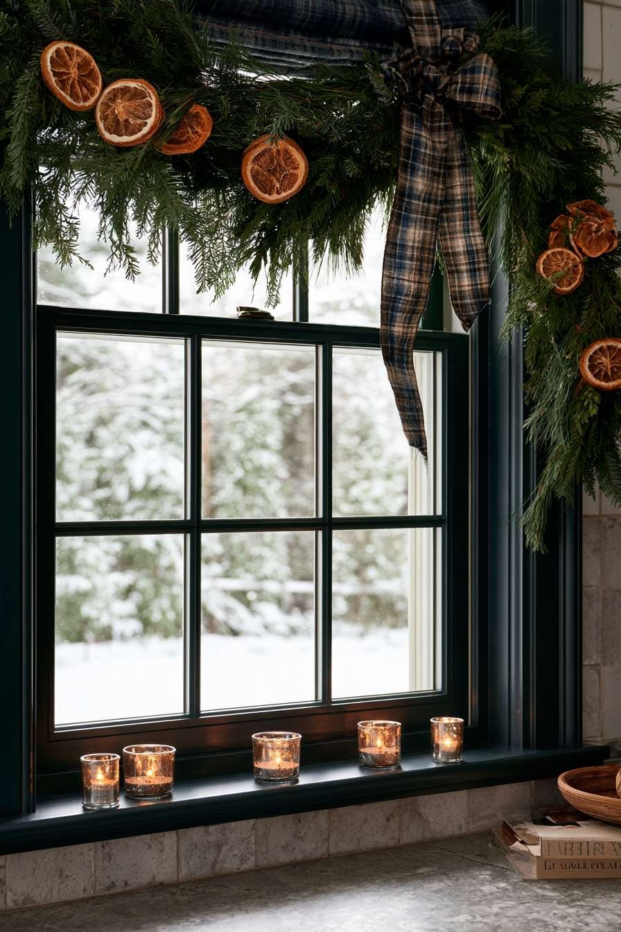 Kitchen window with pine and cedar swag, dried citrus, plaid ribbon and mercury glass votives