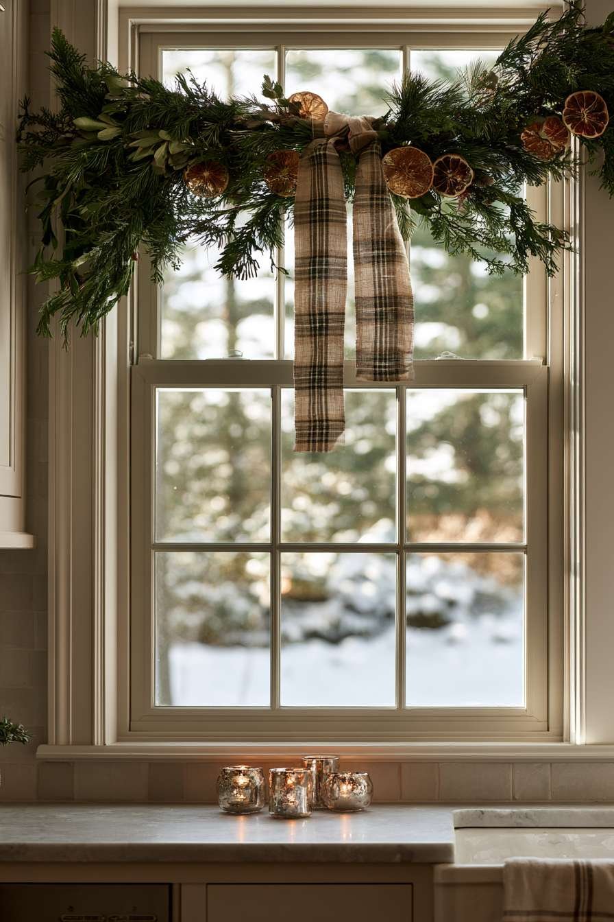 Kitchen window with pine and cedar swag, dried citrus, plaid ribbon and mercury glass votives