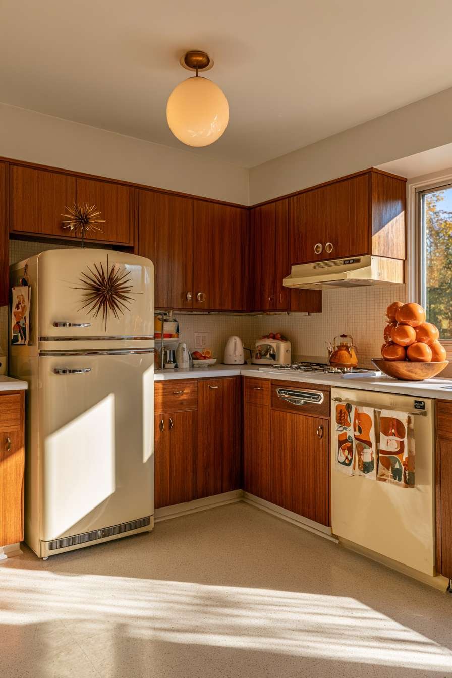 Mid-century kitchen with teak cabinets, cream retro appliances, starburst wreath and orange globe ornaments