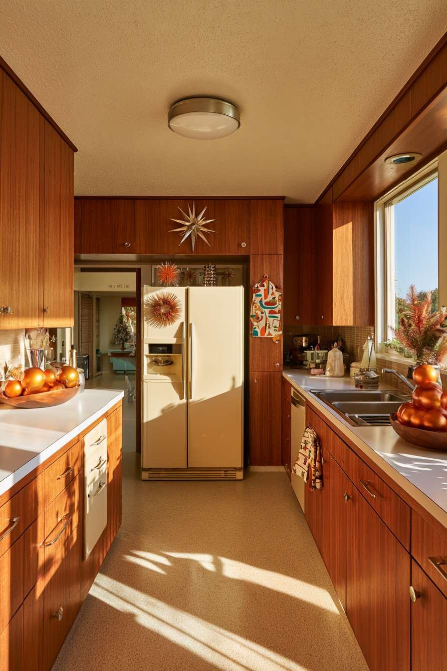 Mid-century kitchen with teak cabinets, cream retro appliances, starburst wreath and orange globe ornaments