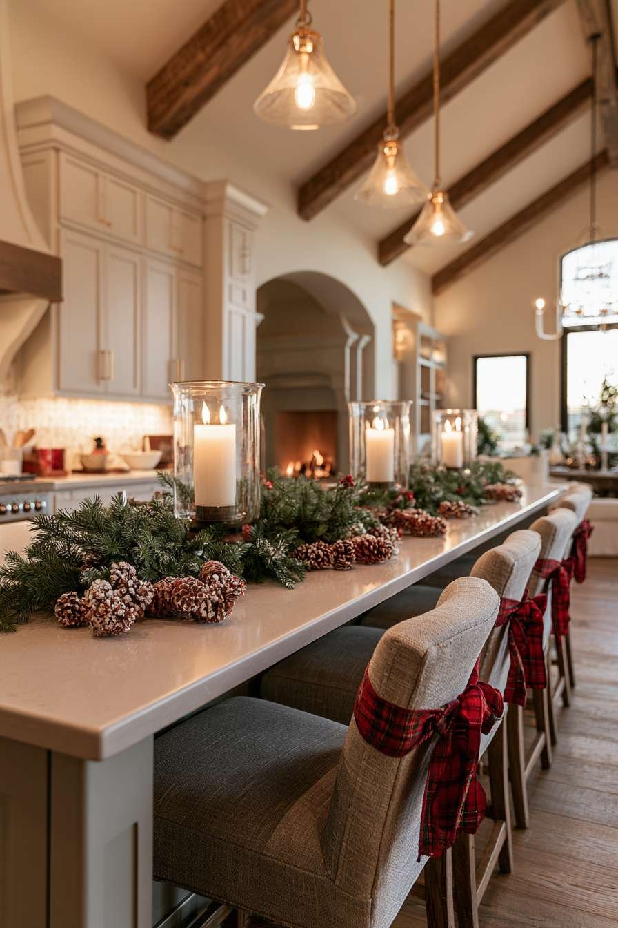 Kitchen island centerpiece of greenery, white pillar candles in hurricane glass and frosted pinecones