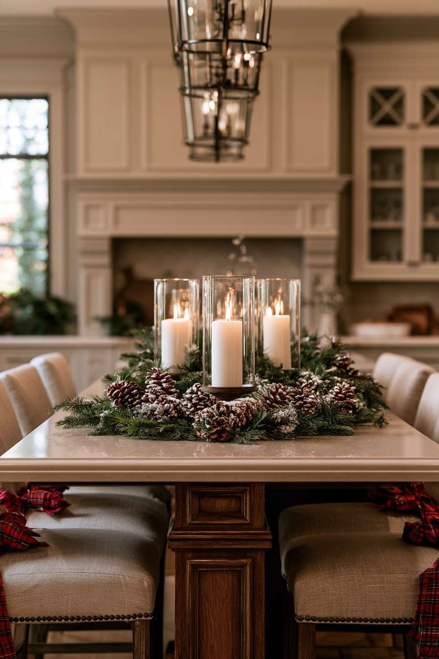 Kitchen island centerpiece of greenery, white pillar candles in hurricane glass and frosted pinecones
