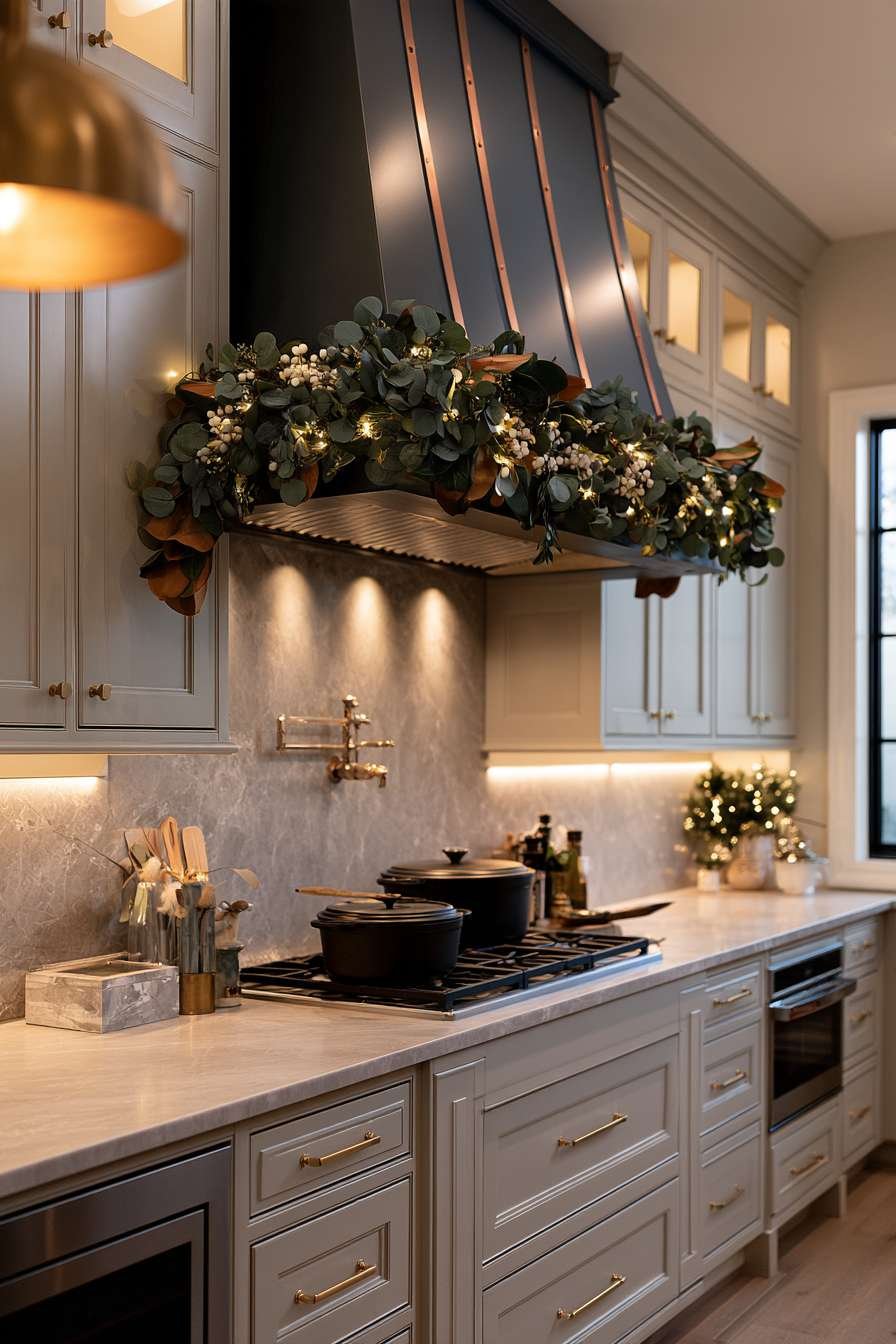 Range hood with eucalyptus, magnolia leaf and white berry garland above cast iron cookware