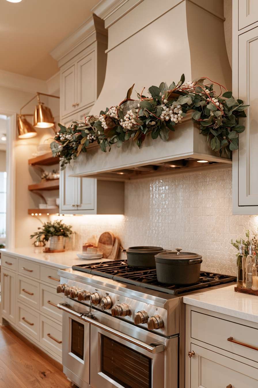 Range hood with eucalyptus, magnolia leaf and white berry garland above cast iron cookware