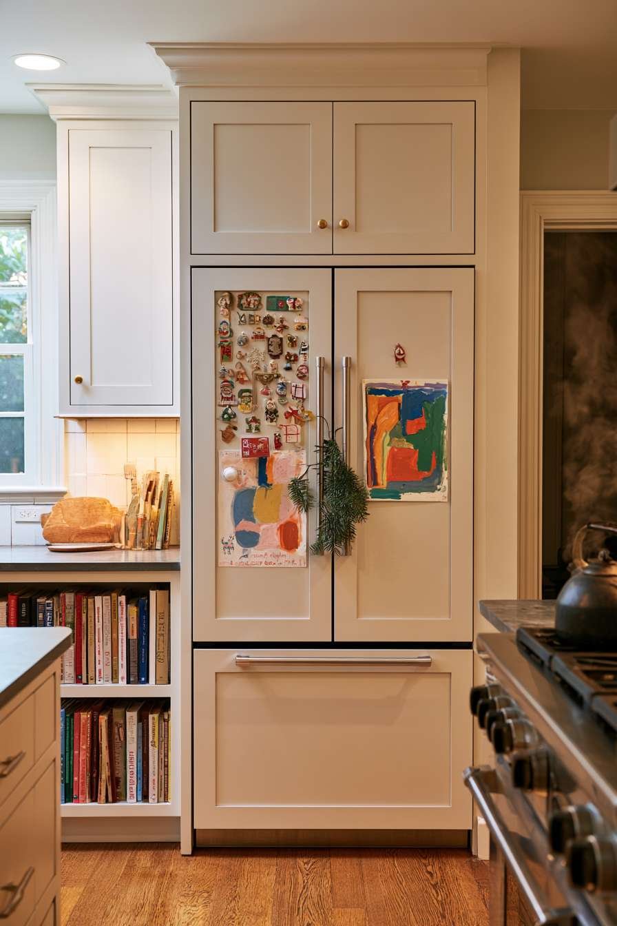 Panel refrigerator decorated with holiday magnets, children’s paintings and a pine sprig in the handle