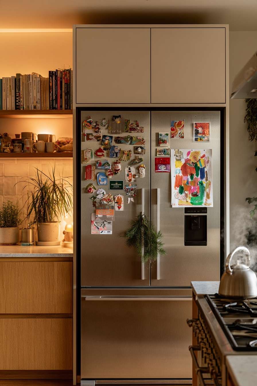 Panel refrigerator decorated with holiday magnets, children’s paintings and a pine sprig in the handle