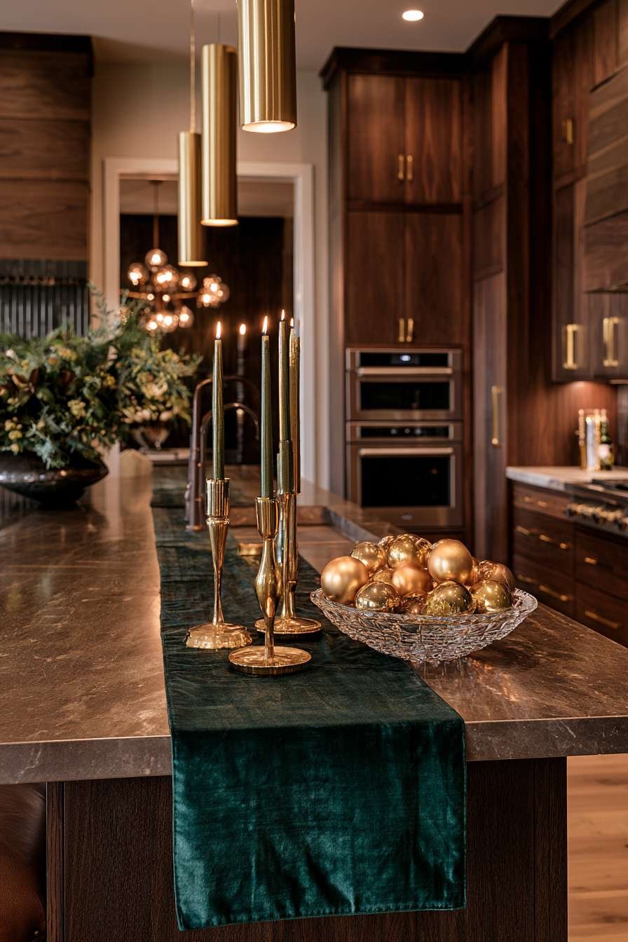 Dark walnut kitchen with gold fixtures, emerald velvet runner, gold candlesticks and crystal ornament bowl