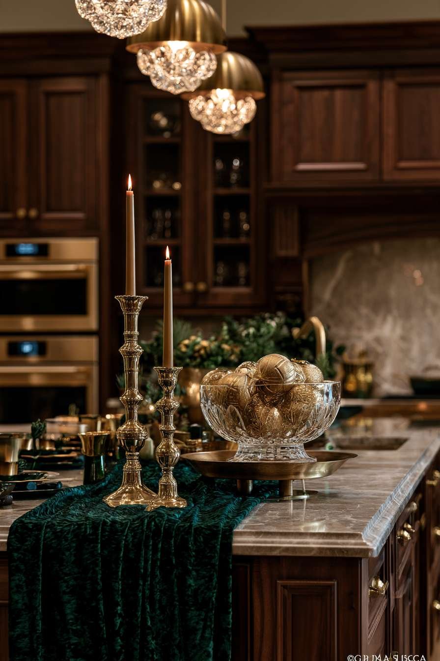 Dark walnut kitchen with gold fixtures, emerald velvet runner, gold candlesticks and crystal ornament bowl