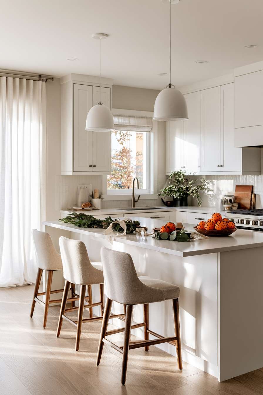 Modern white kitchen with eucalyptus and cedar garland on island and clove-studded oranges