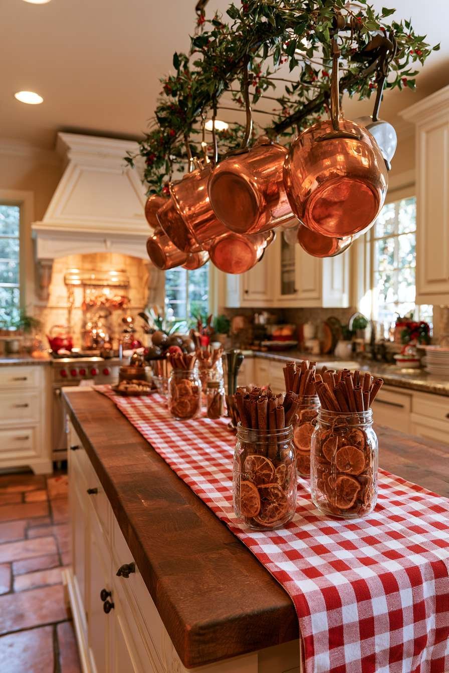 Traditional Christmas kitchen with gingham runner, cinnamon jars and copper pots hung with holly
