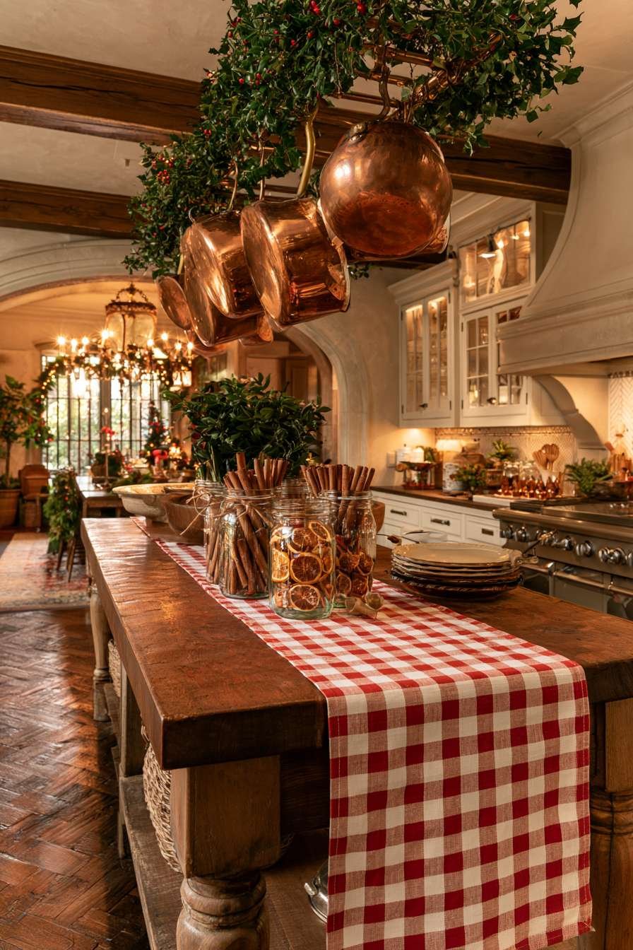 Traditional Christmas kitchen with gingham runner, cinnamon jars and copper pots hung with holly