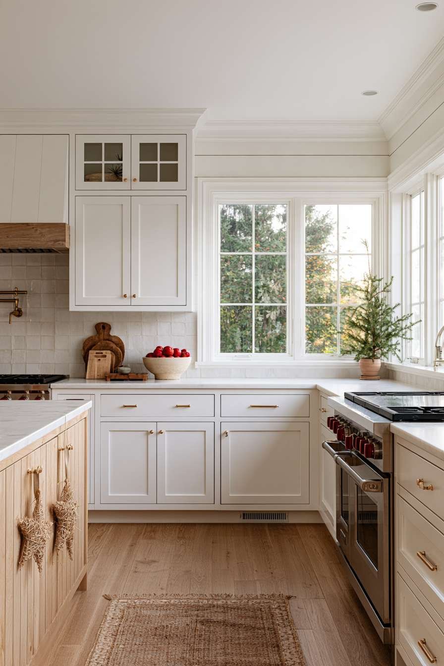 Scandinavian kitchen with white cabinets, birch accents, woven straw star ornaments and red apples
