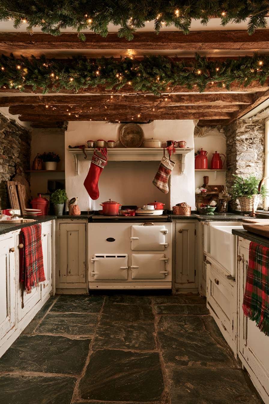 Country cottage kitchen with pine-wrapped ceiling beams, fairy lights, enamel stove and hung stockings