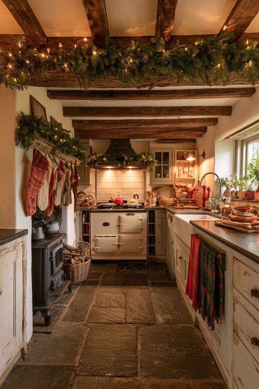 Country cottage kitchen with pine-wrapped ceiling beams, fairy lights, enamel stove and hung stockings