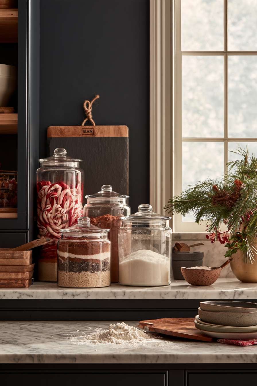 Kitchen shelving with glass canisters of candy canes, cocoa and sugar above a flour-dusted marble counter