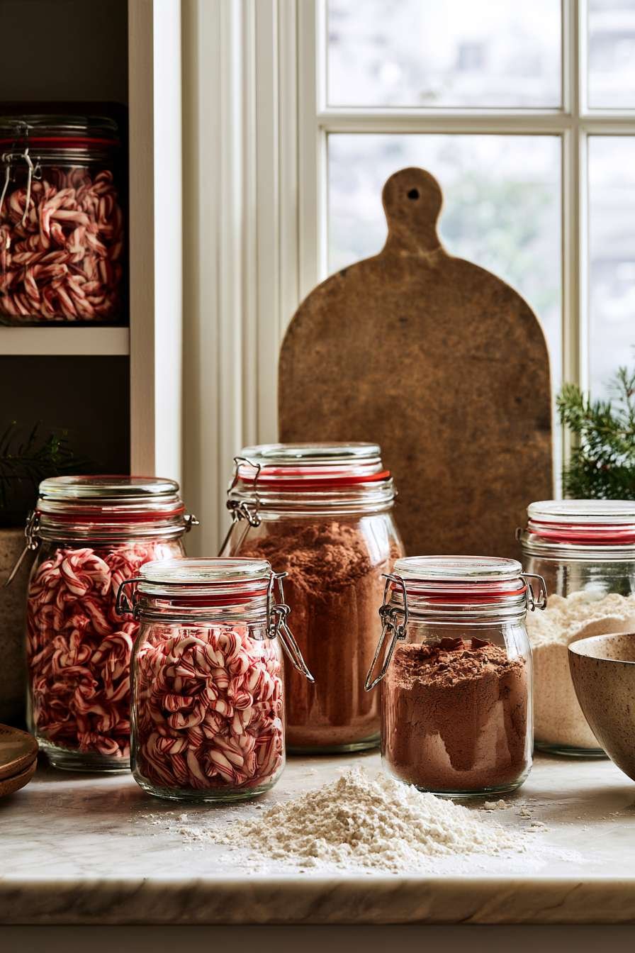 Kitchen shelving with glass canisters of candy canes, cocoa and sugar above a flour-dusted marble counter