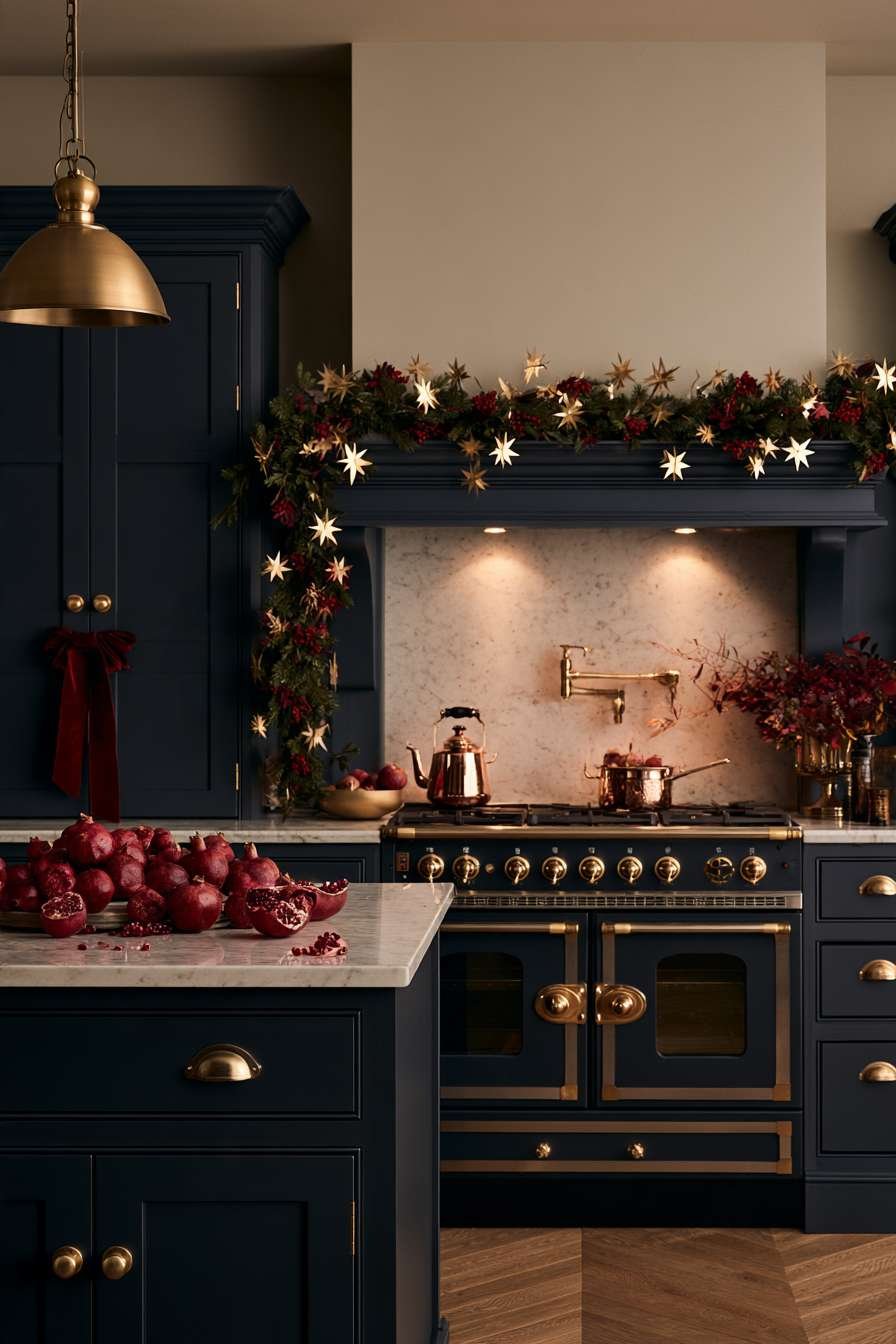 Navy blue kitchen with brass hardware, burgundy velvet ribbons, pomegranates and gold star garland