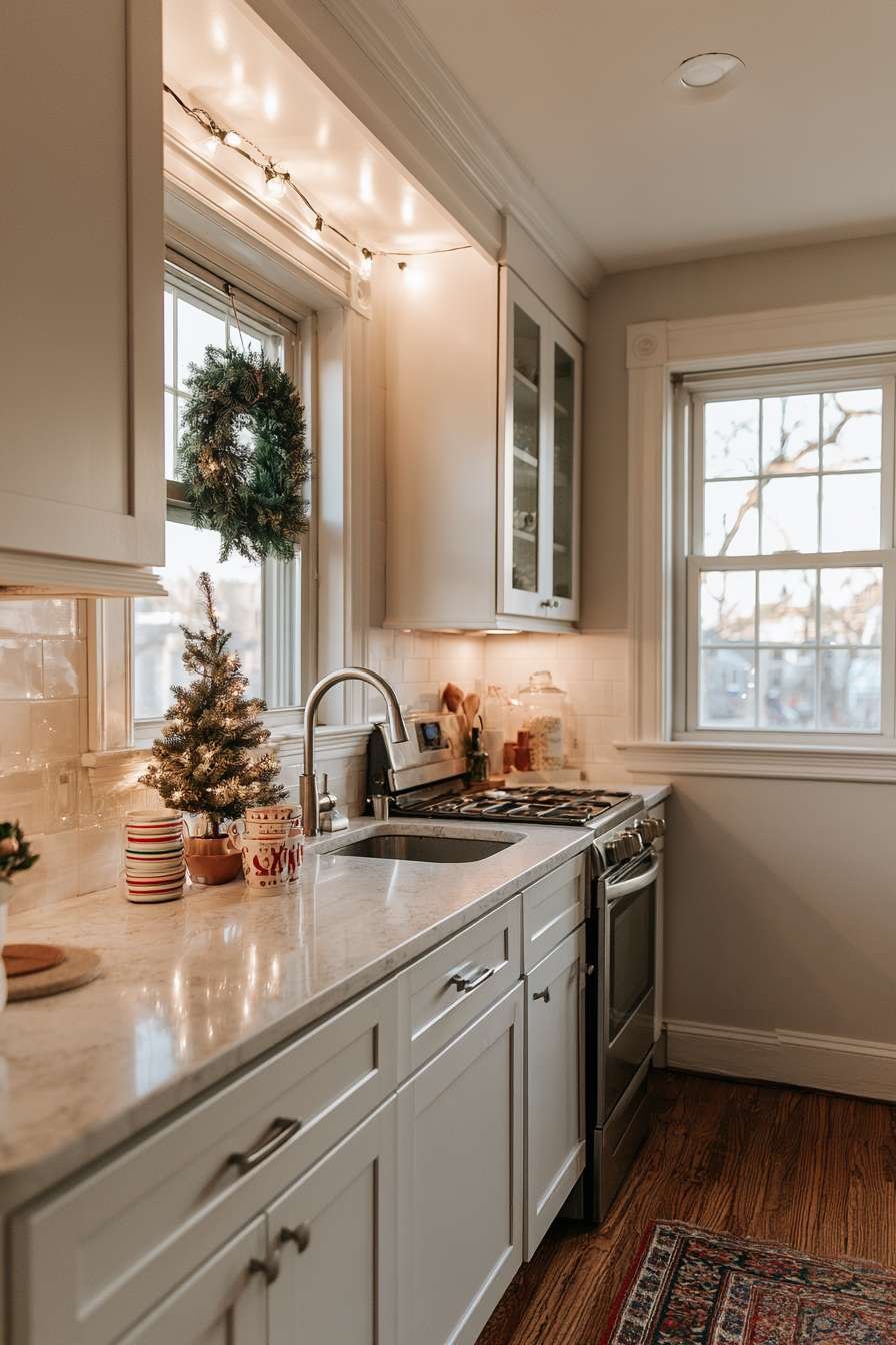 Small apartment kitchen with tabletop Christmas tree, holiday mugs and wreath inside a glass cabinet door
