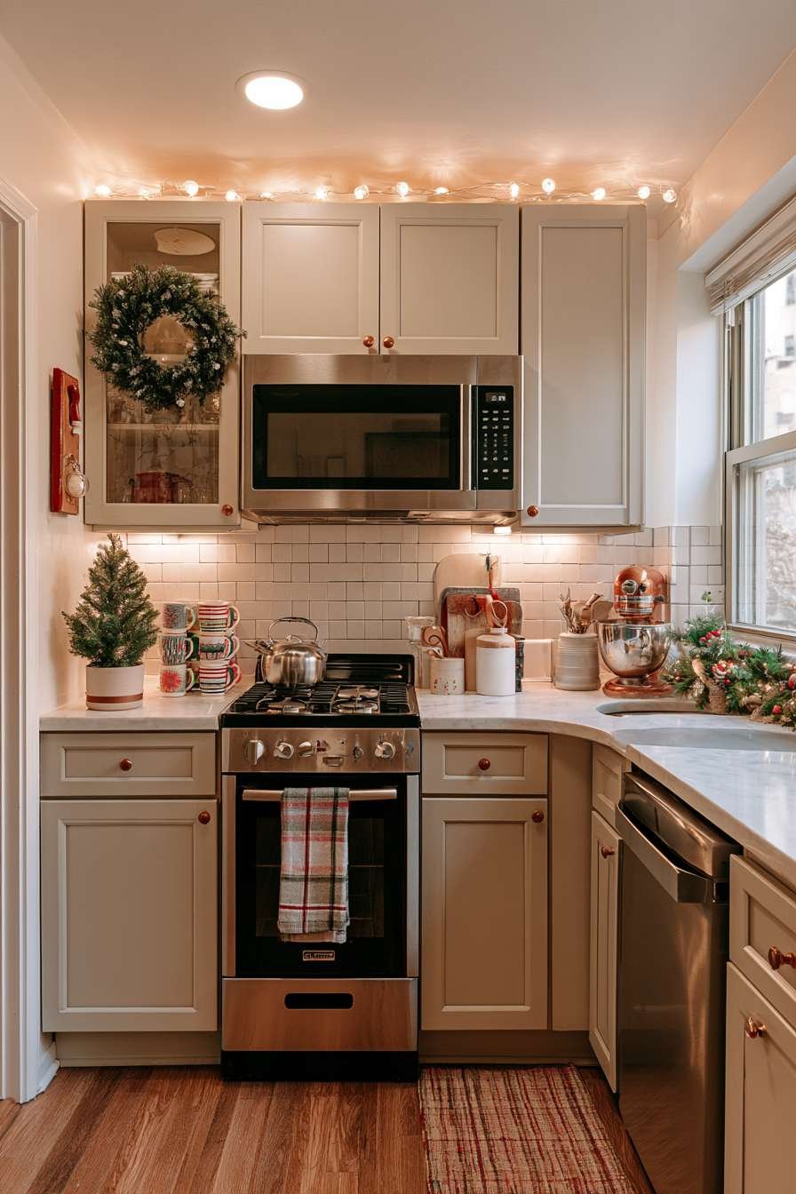 Small apartment kitchen with tabletop Christmas tree, holiday mugs and wreath inside a glass cabinet door