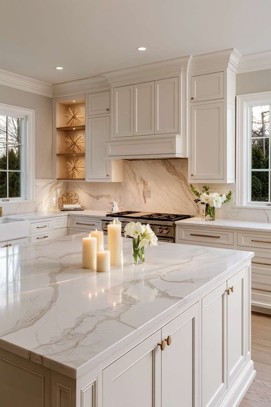 White kitchen with gold wire stars, cream pillar candles and white amaryllis for neutral Christmas decor