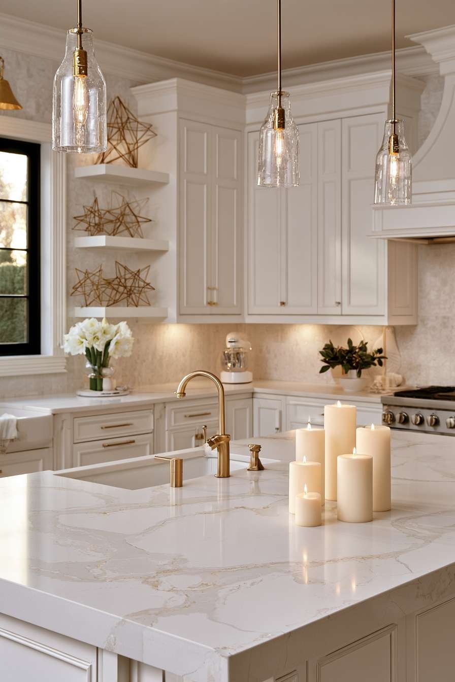White kitchen with gold wire stars, cream pillar candles and white amaryllis for neutral Christmas decor